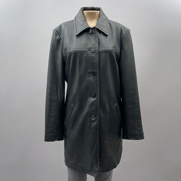Kenneth Cole Reaction Vtg 90s Jacket Women S Black Leather Long Button READ - Picture 1 of 11